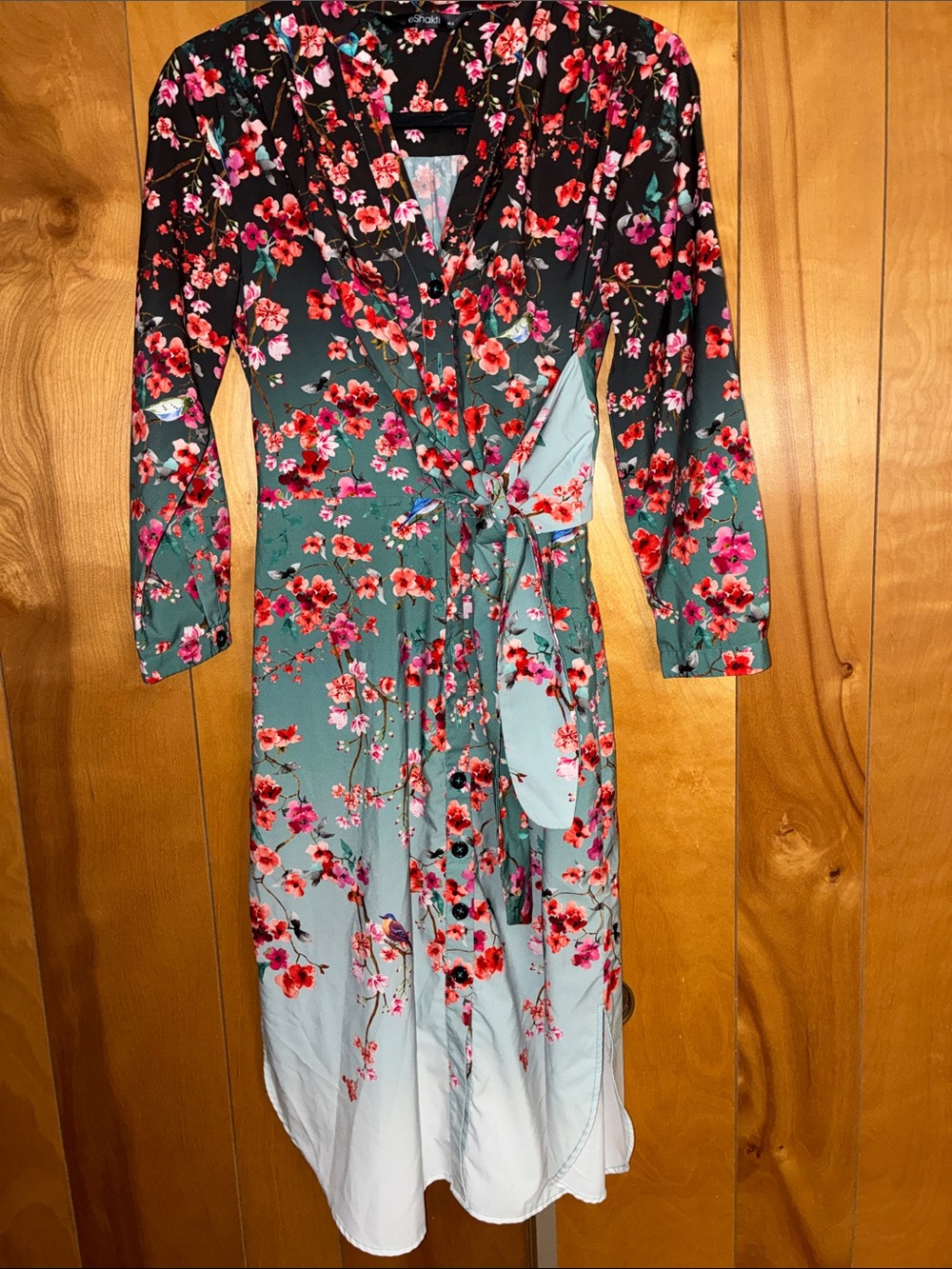 EShakti Floral Wrap Dress in Teal & Black - Women M-8